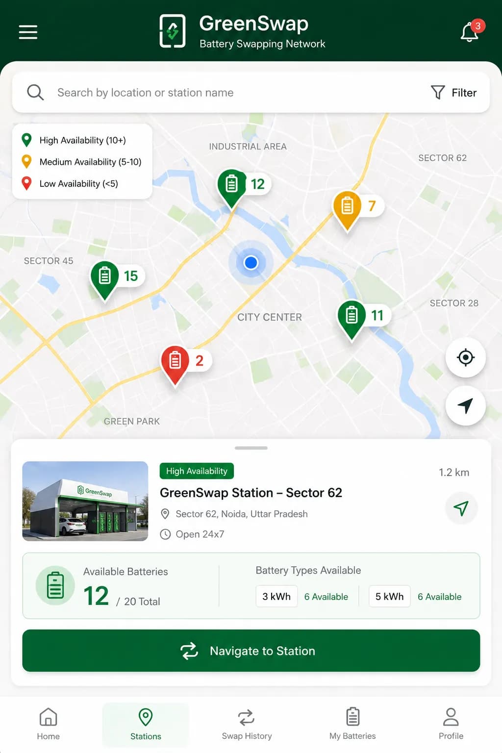 Mobile app showing nearby swapping stations and available batteries