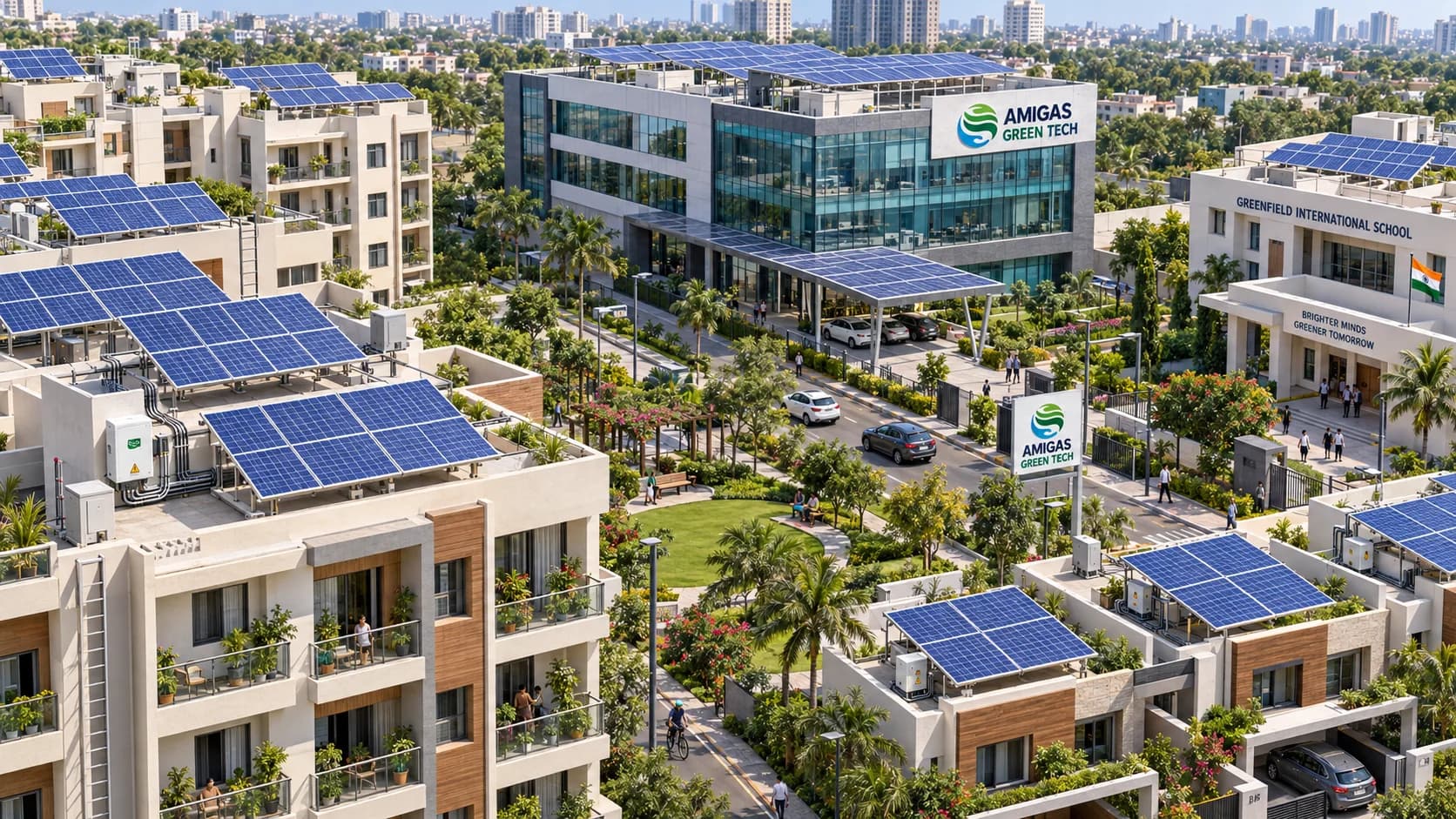 Residential societies, offices and a school with rooftop solar near an Amigas site