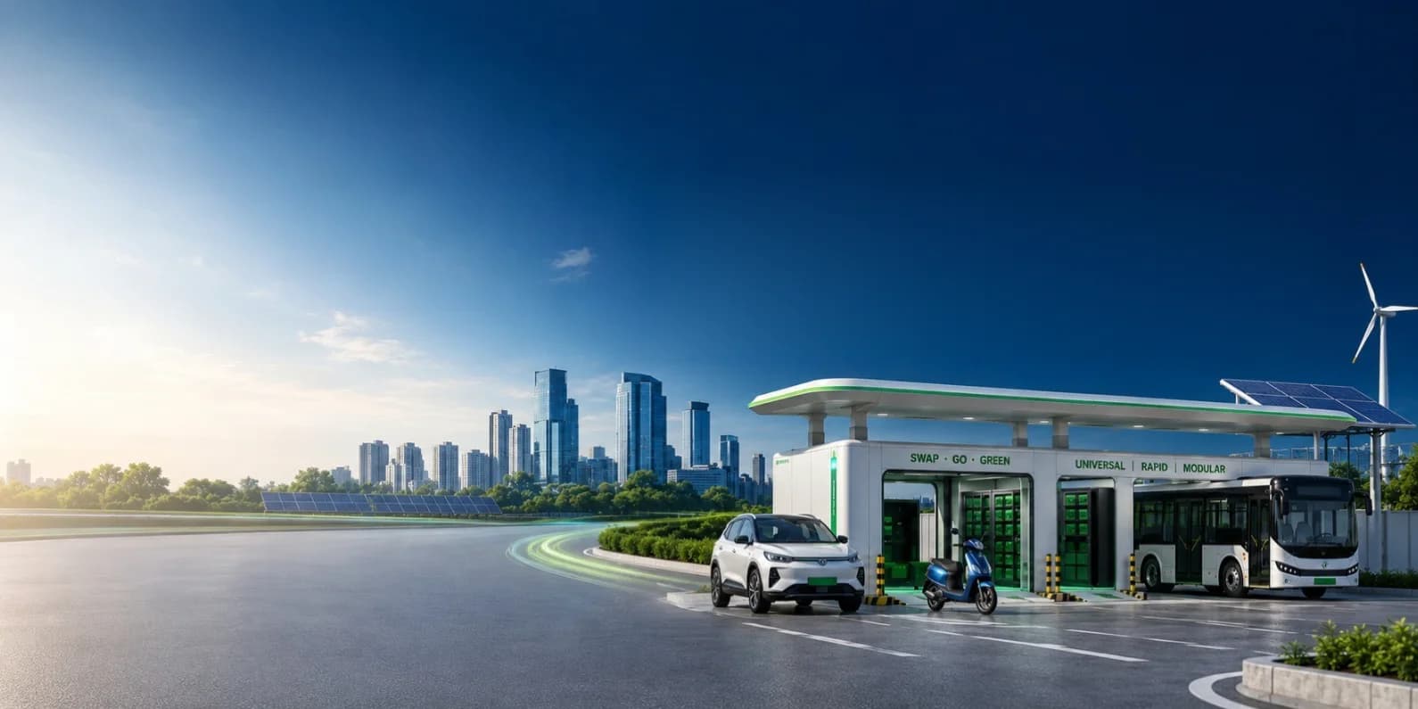 Solar-roofed Amigas battery swapping station serving a car, a scooter and a bus
